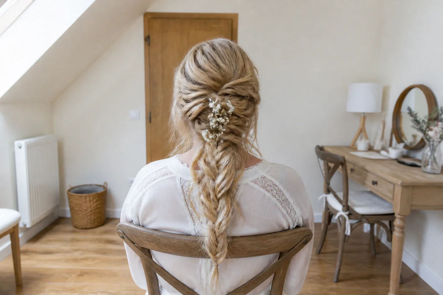Coiffure de cérémonie vue pendant la préparation — illustration générée par IA