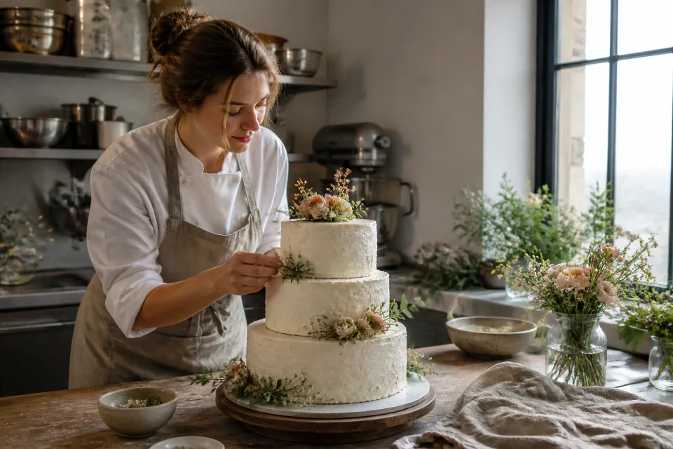 Gâteau de mariage préparé dans un atelier — illustration générée par IA