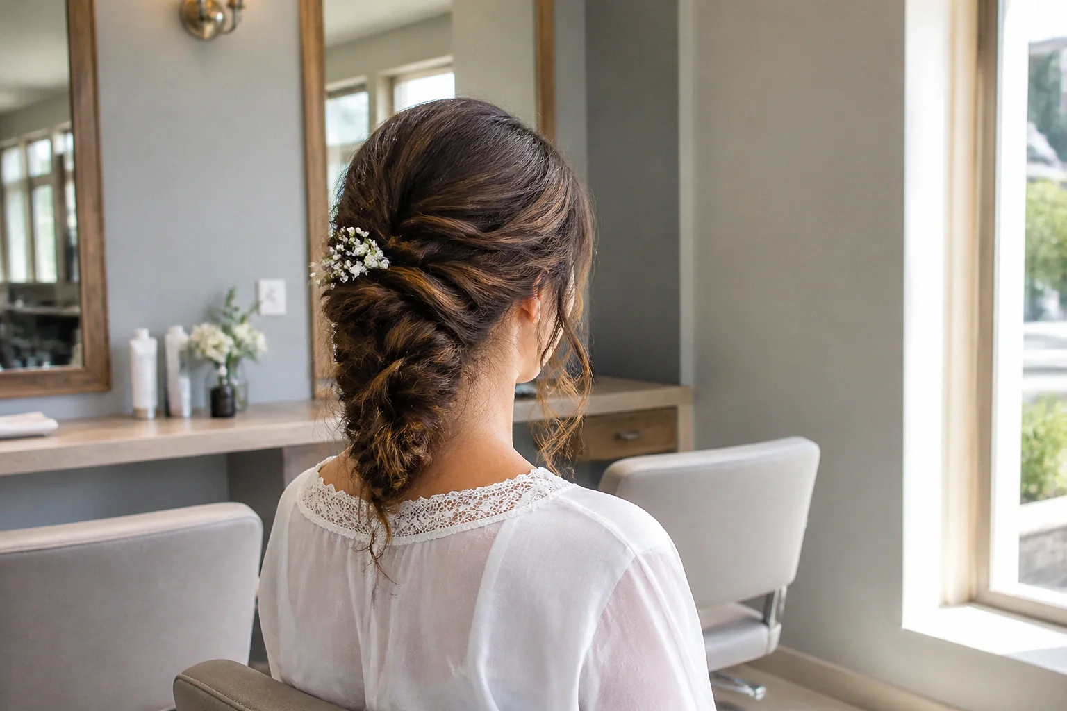 Coiffure de cérémonie vue pendant la préparation — illustration générée par IA