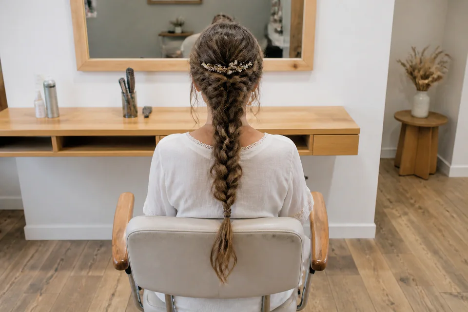 Coiffure de cérémonie vue pendant la préparation — illustration générée par IA