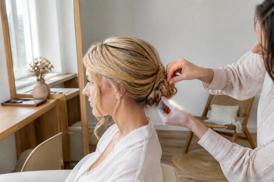 Coiffure de cérémonie vue pendant la préparation — illustration générée par IA