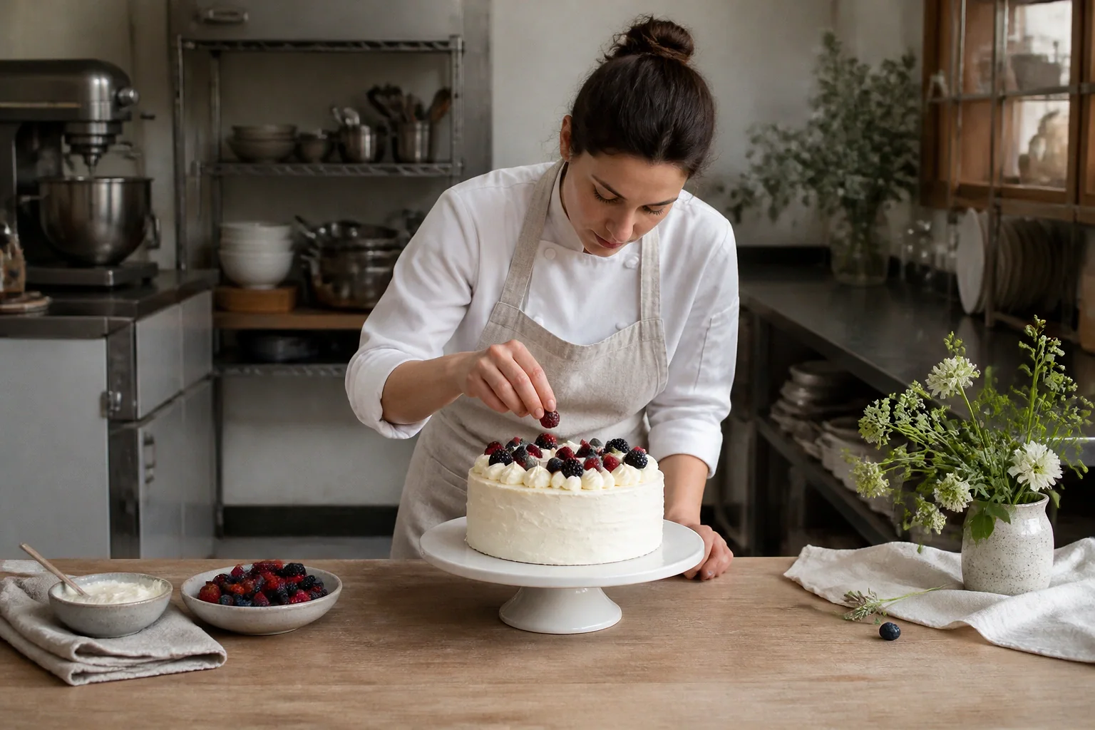 Gâteau de mariage préparé dans un atelier — illustration générée par IA