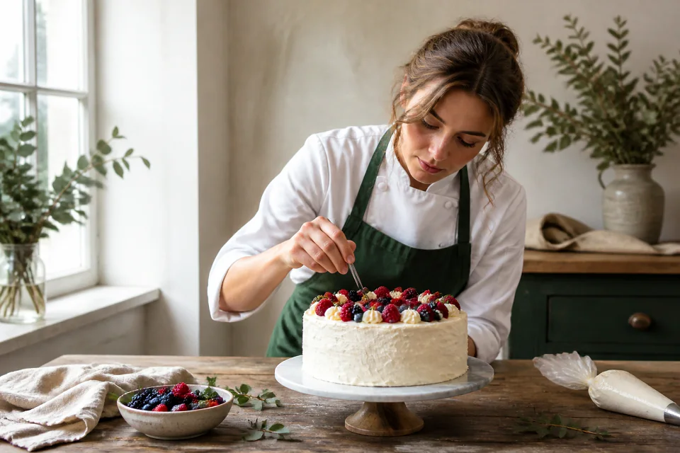 Gâteau de mariage préparé dans un atelier — illustration générée par IA