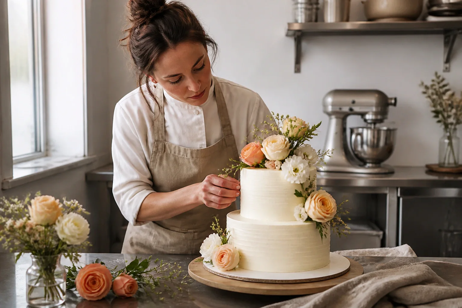 Gâteau de mariage préparé dans un atelier — illustration générée par IA