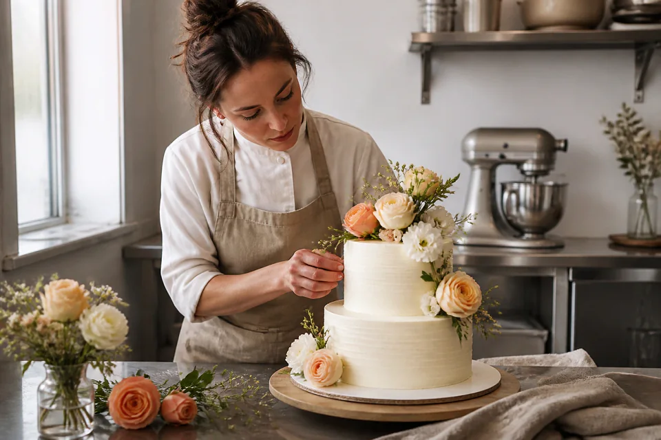 Gâteau de mariage préparé dans un atelier — illustration générée par IA