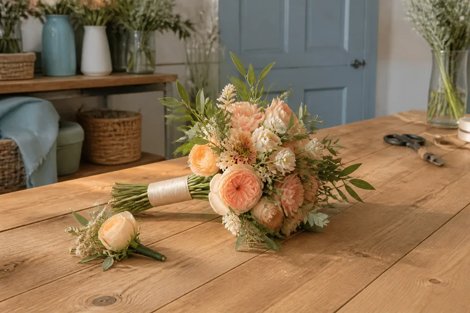Préparation florale pour un mariage — illustration générée par IA