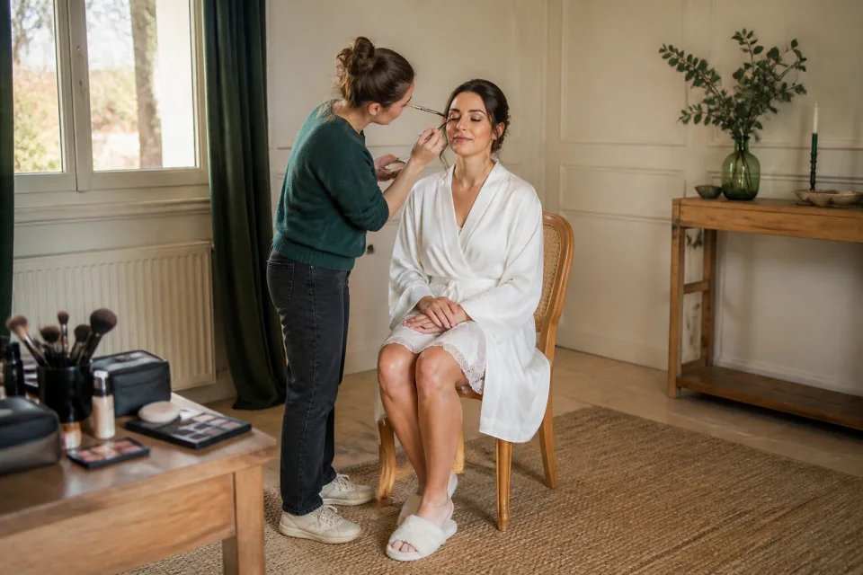 Préparation d’un maquillage de mariage — illustration générée par IA