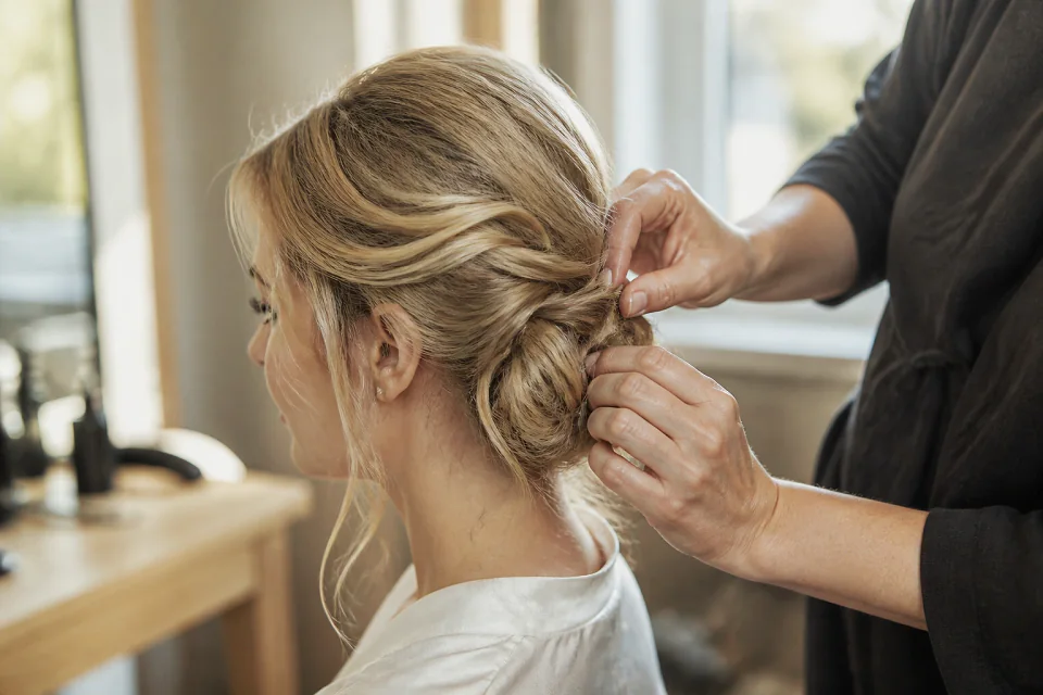 Coiffure de cérémonie vue pendant la préparation — illustration générée par IA