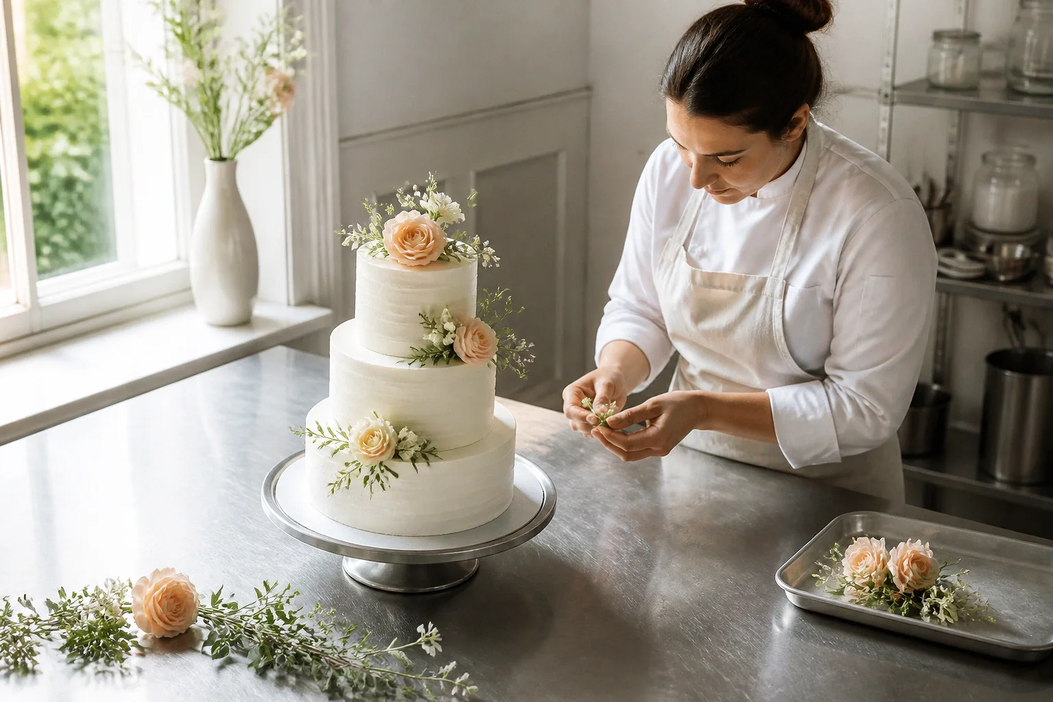 Gâteau de mariage préparé dans un atelier — illustration générée par IA