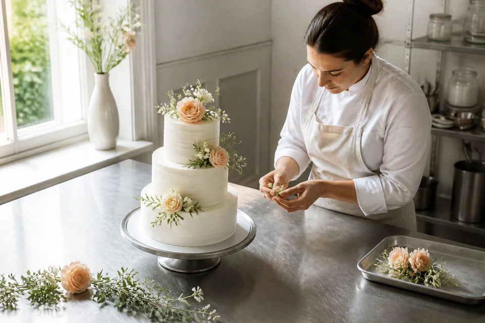 Gâteau de mariage préparé dans un atelier — illustration générée par IA