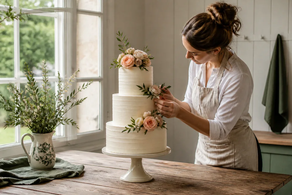 Gâteau de mariage préparé dans un atelier — illustration générée par IA