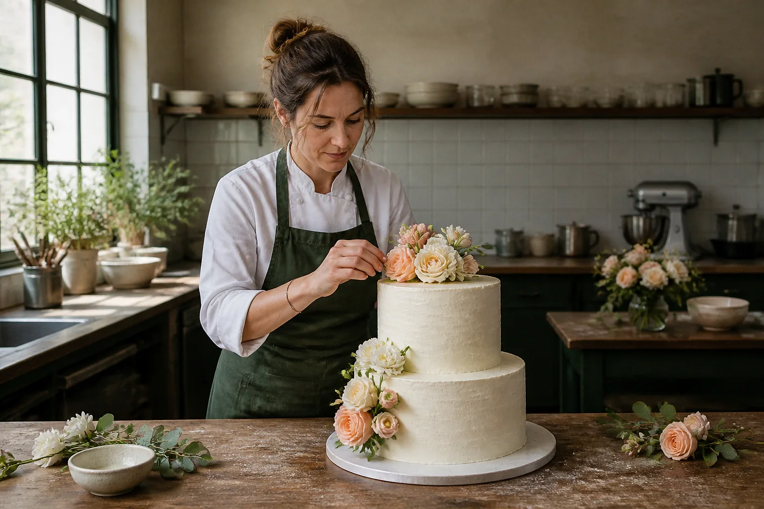 Gâteau de mariage préparé dans un atelier — illustration générée par IA