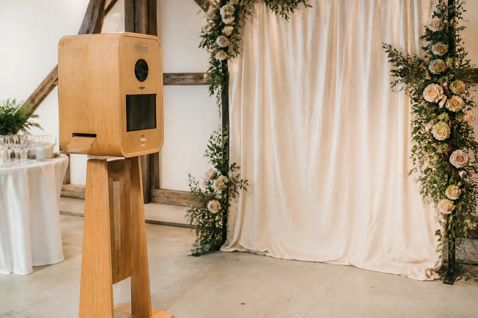 Borne photo installée pour une réception de mariage — illustration générée par IA