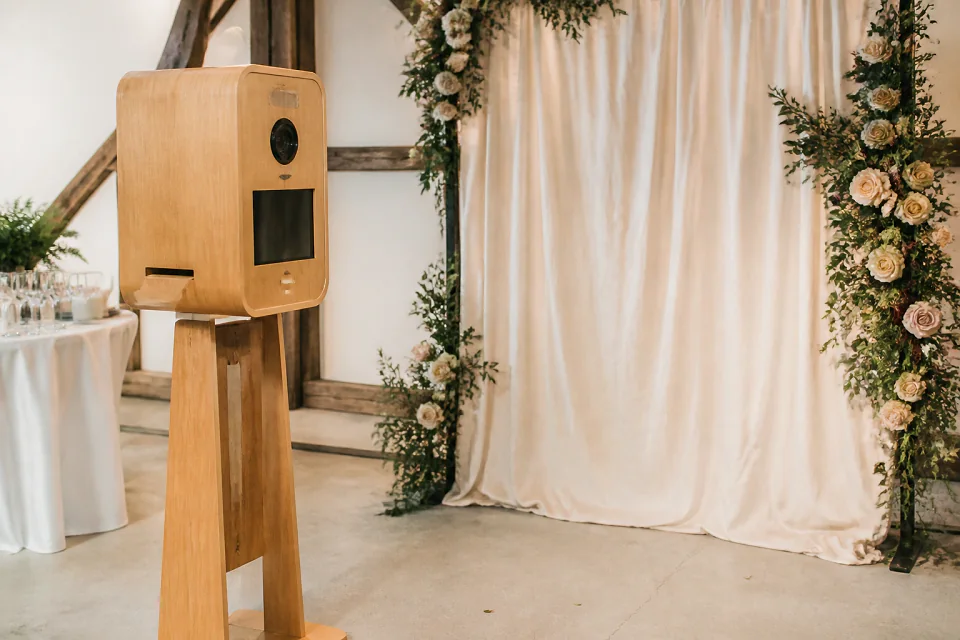 Borne photo installée pour une réception de mariage — illustration générée par IA