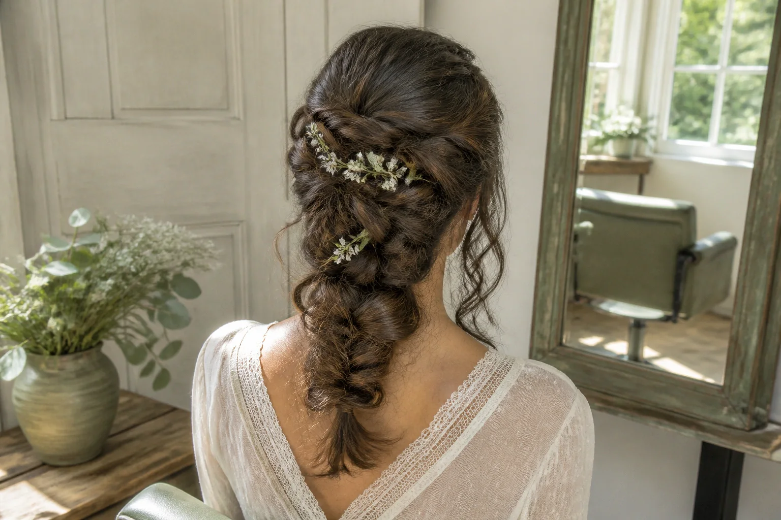 Coiffure de cérémonie vue pendant la préparation — illustration générée par IA