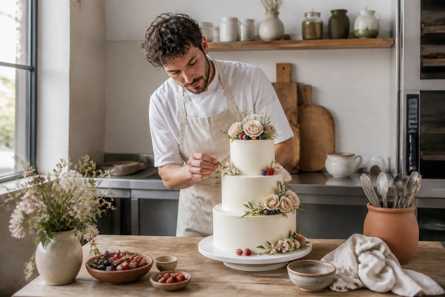 Gâteau de mariage préparé dans un atelier — illustration générée par IA