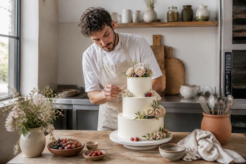 Gâteau de mariage préparé dans un atelier — illustration générée par IA