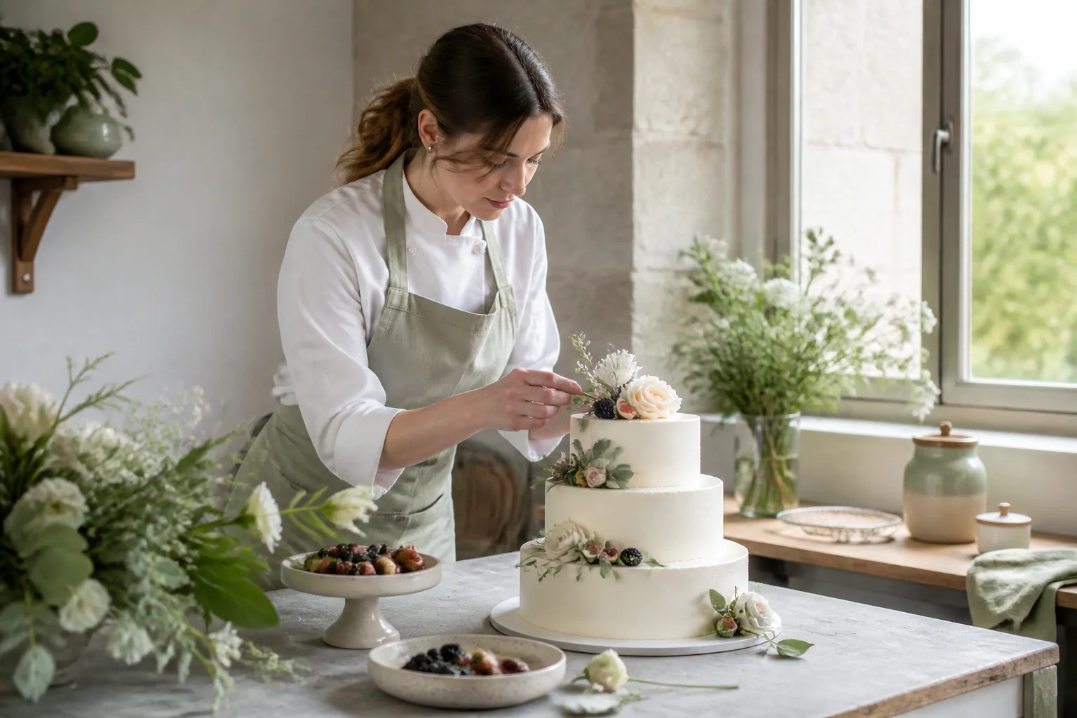 Gâteau de mariage préparé dans un atelier — illustration générée par IA