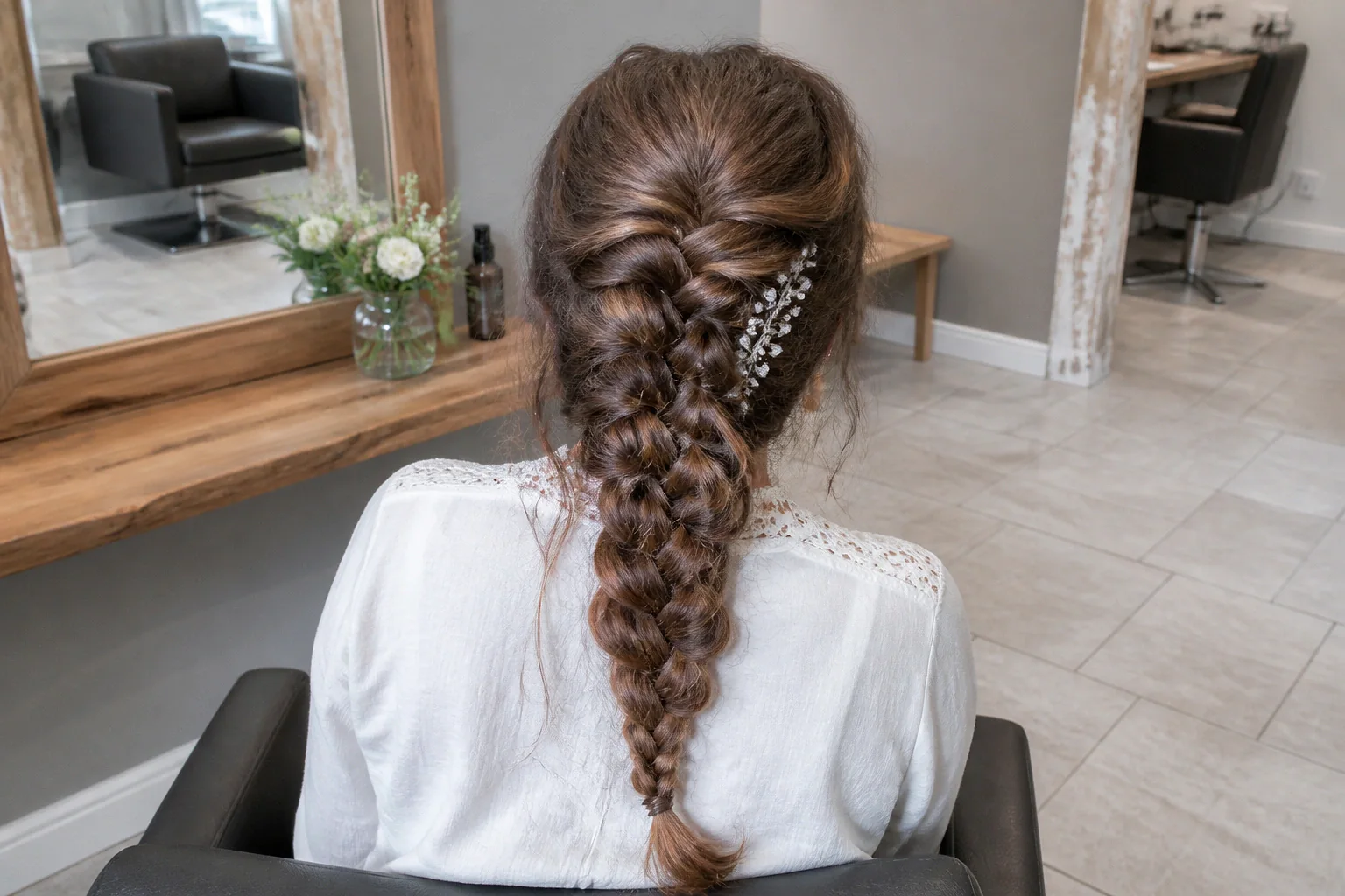 Coiffure de cérémonie vue pendant la préparation — illustration générée par IA