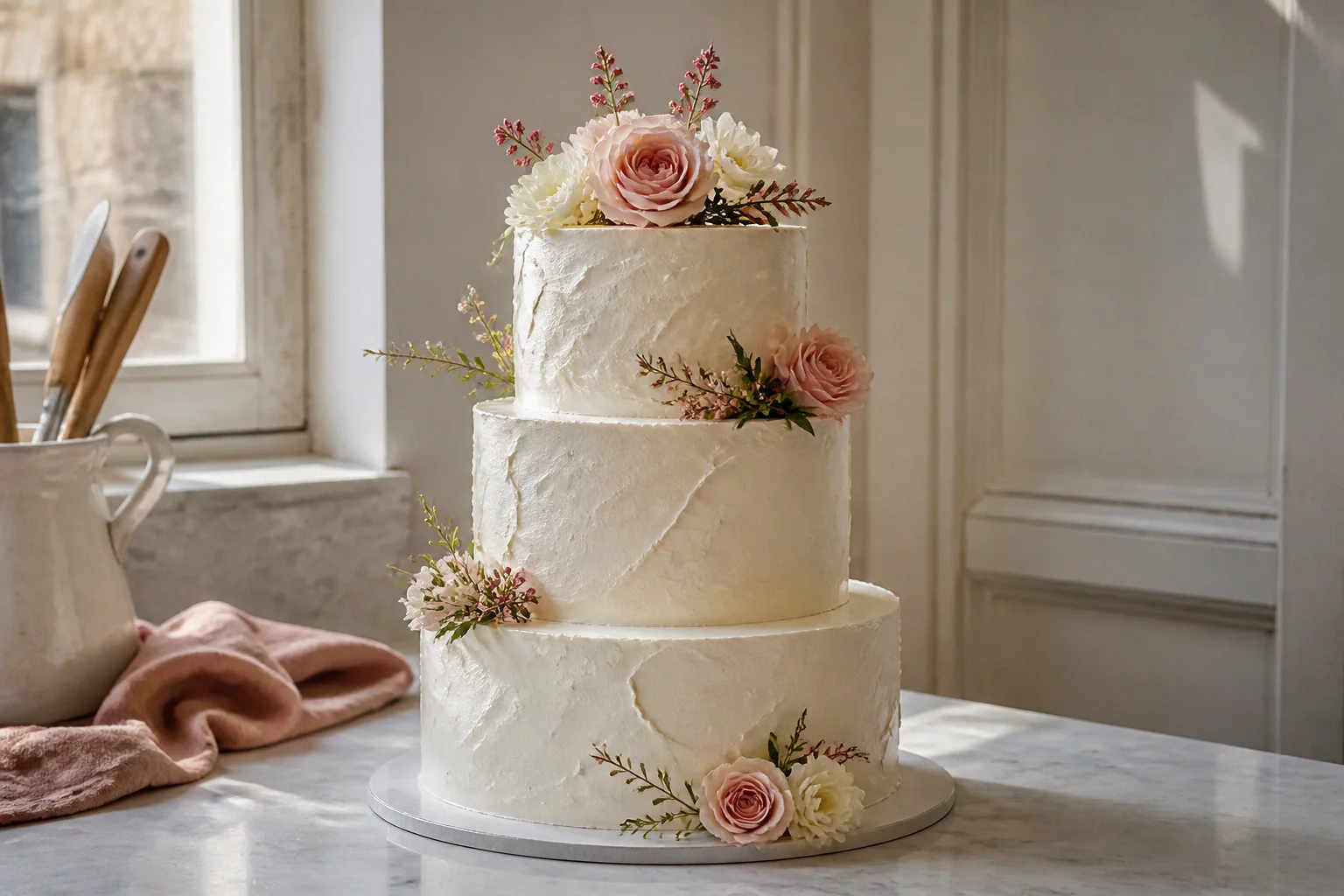 Gâteau de mariage préparé dans un atelier — illustration générée par IA