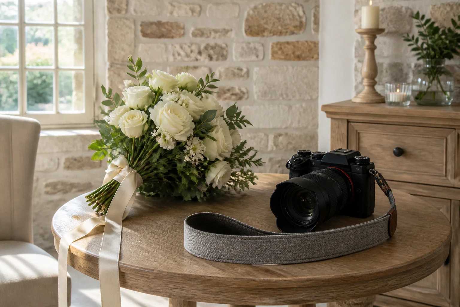 Appareil photo et accessoires de reportage de mariage — illustration générée par IA