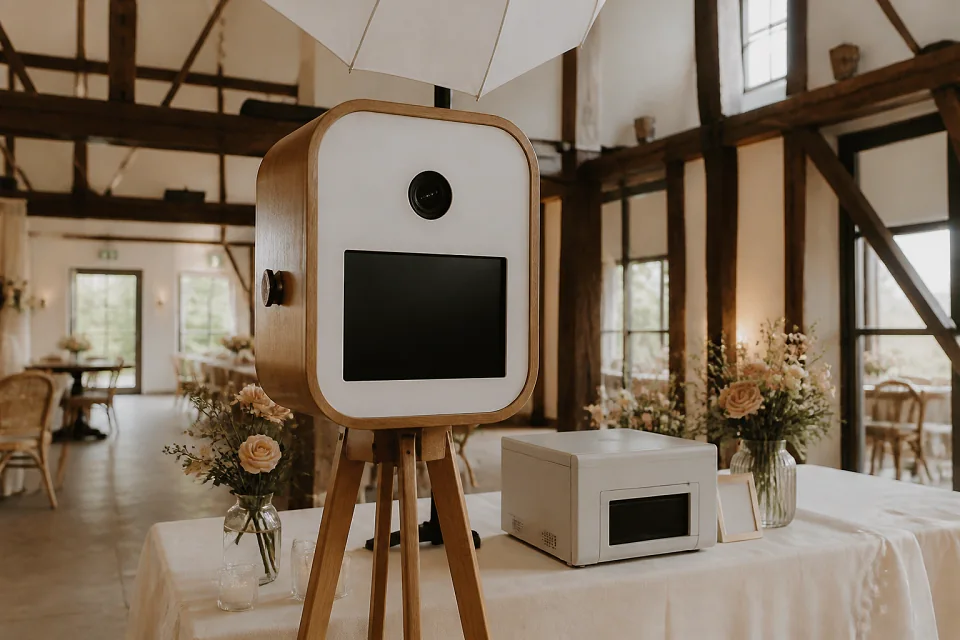 Borne photo installée pour une réception de mariage — illustration générée par IA