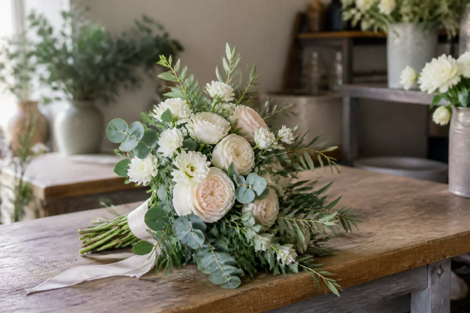 Préparation florale pour un mariage — illustration générée par IA