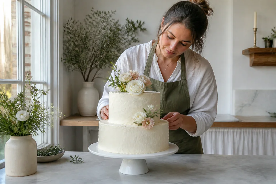 Gâteau de mariage préparé dans un atelier — illustration générée par IA