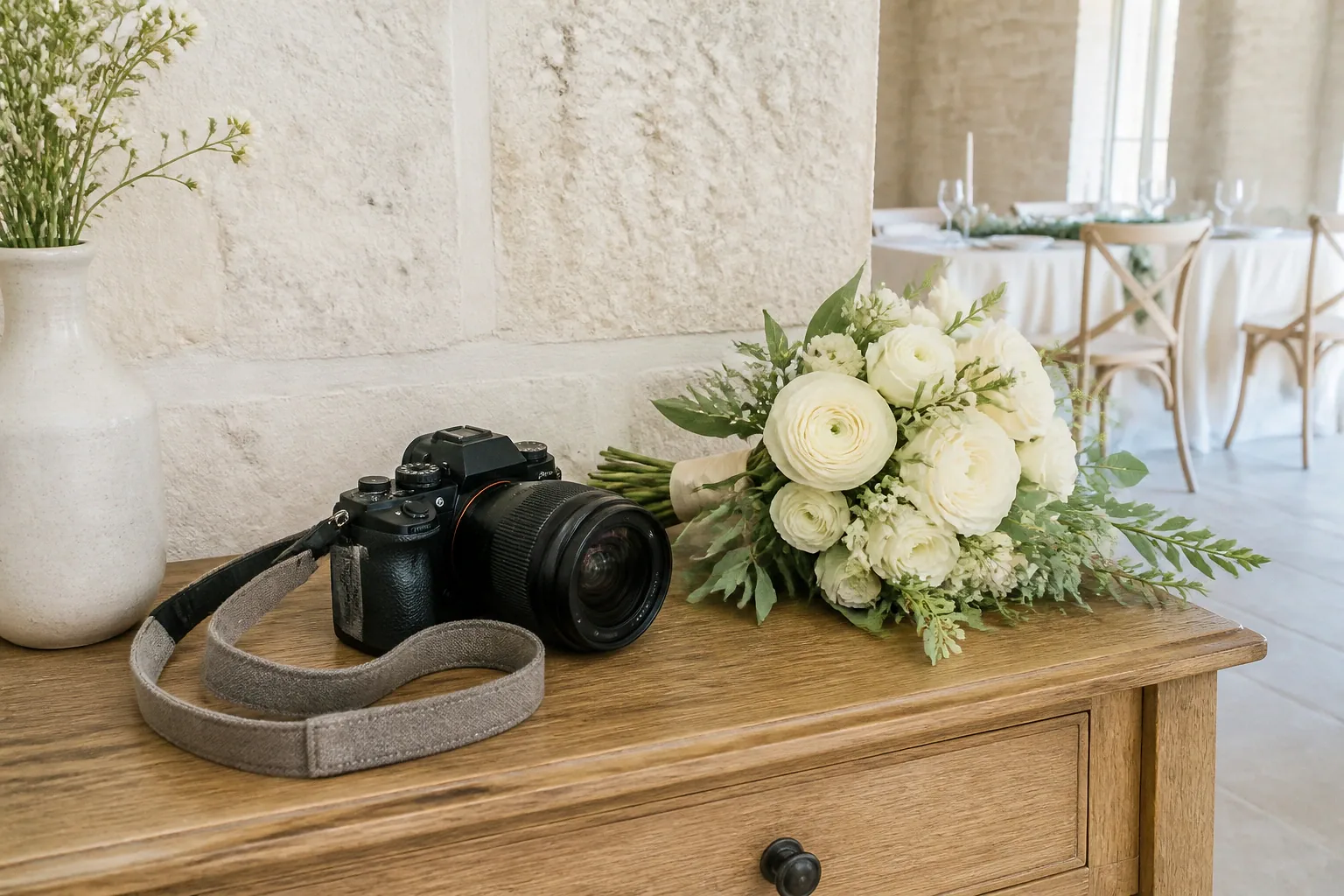 Appareil photo et accessoires de reportage de mariage — illustration générée par IA