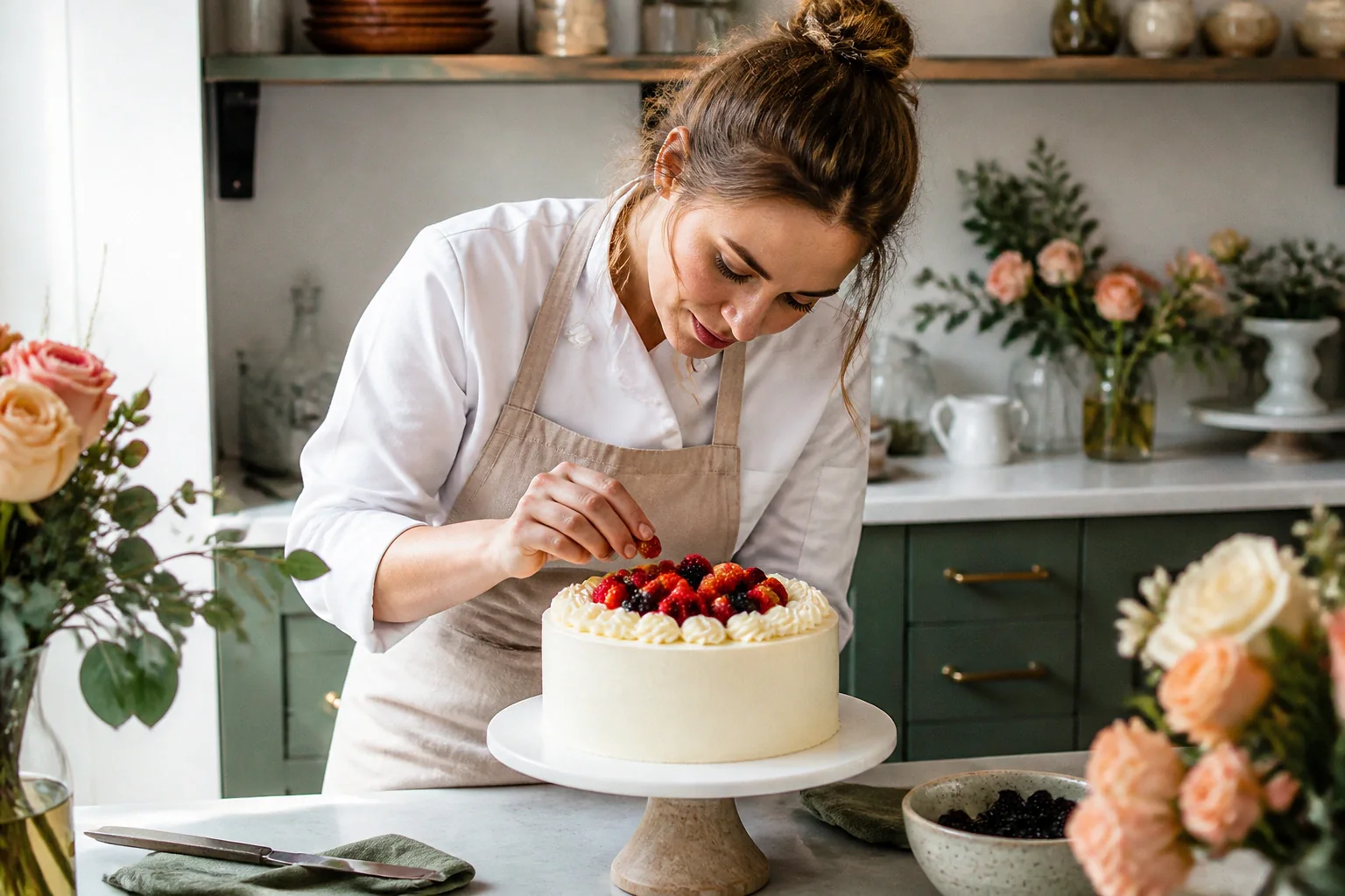 Gâteau de mariage préparé dans un atelier — illustration générée par IA