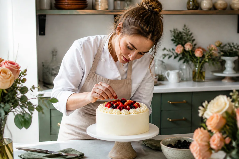 Gâteau de mariage préparé dans un atelier — illustration générée par IA