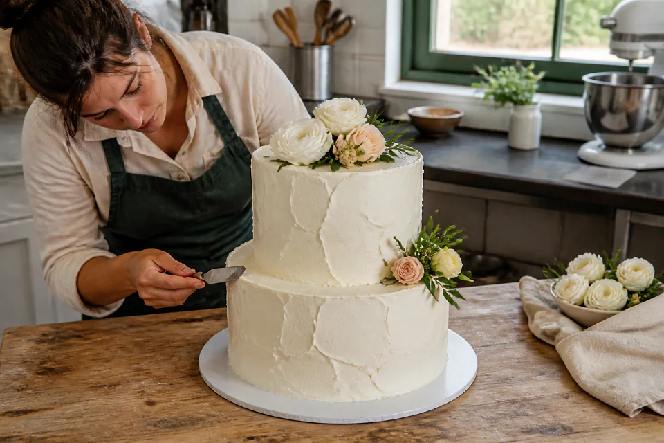Gâteau de mariage préparé dans un atelier — illustration générée par IA