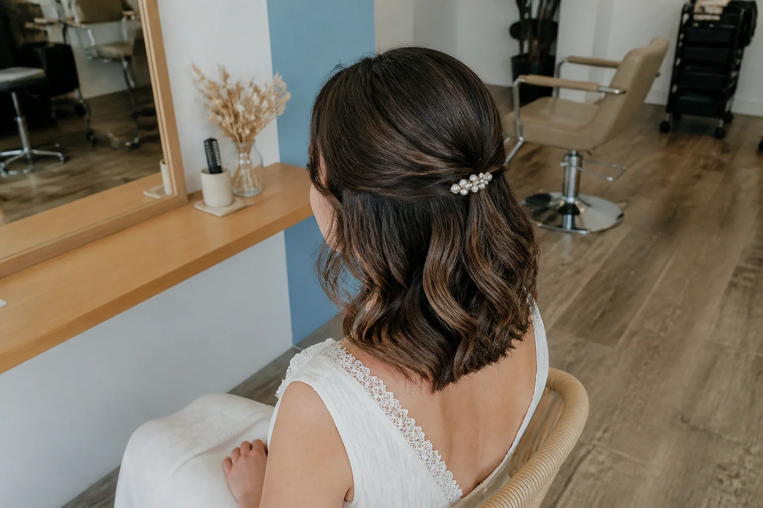 Coiffure de cérémonie vue pendant la préparation — illustration générée par IA