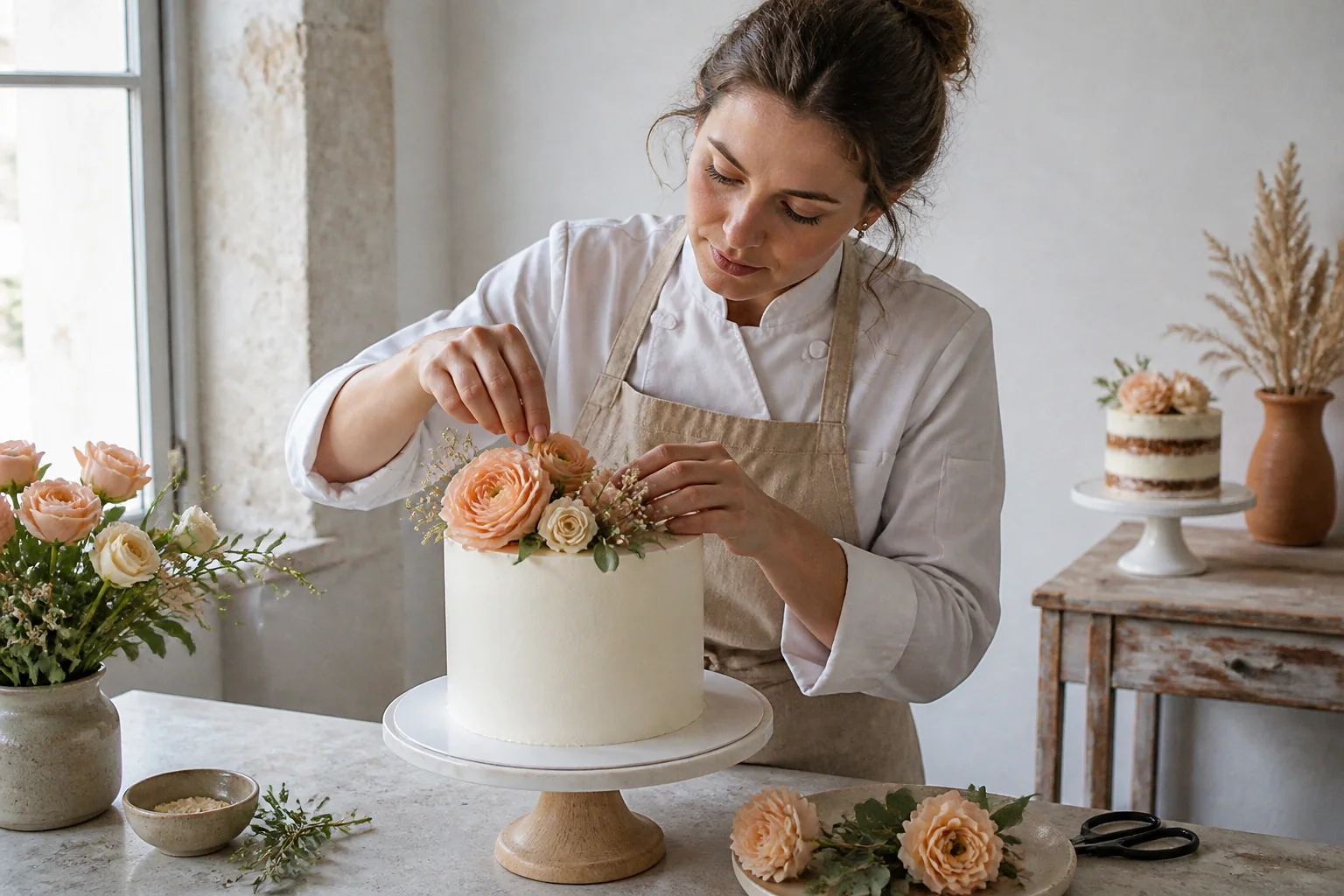 Gâteau de mariage préparé dans un atelier — illustration générée par IA