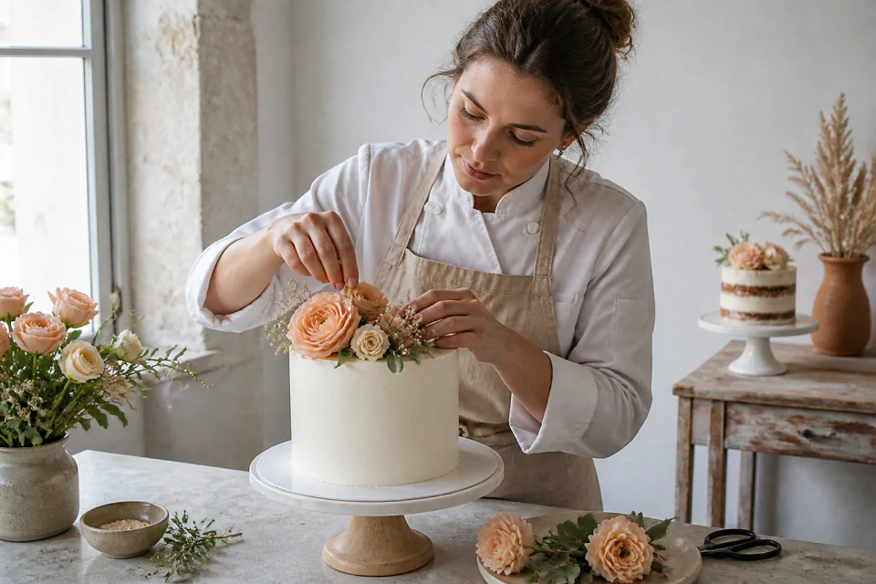 Gâteau de mariage préparé dans un atelier — illustration générée par IA