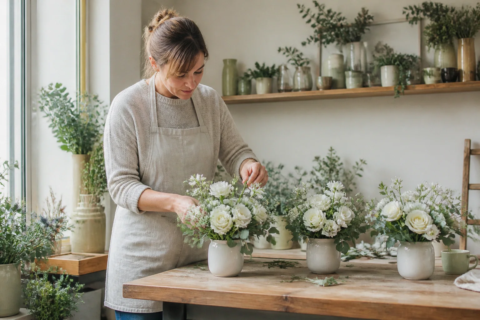 Préparation florale pour un mariage — illustration générée par IA