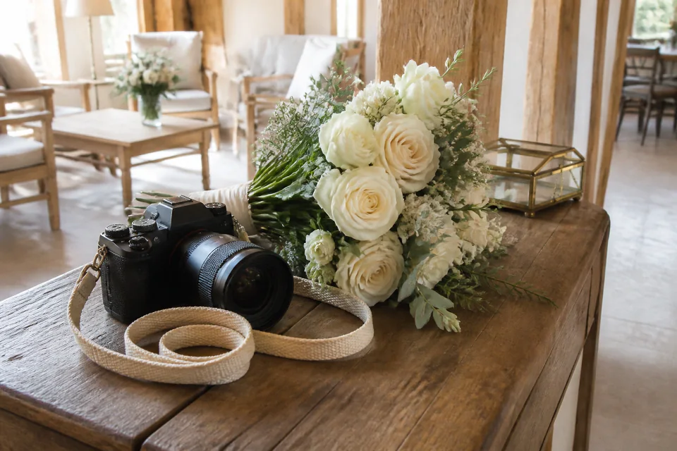 Appareil photo et accessoires de reportage de mariage — illustration générée par IA