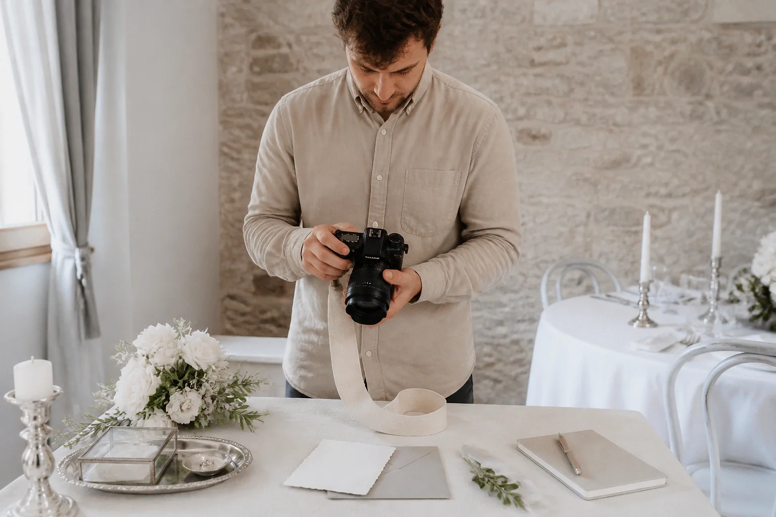 Appareil photo et accessoires de reportage de mariage — illustration générée par IA