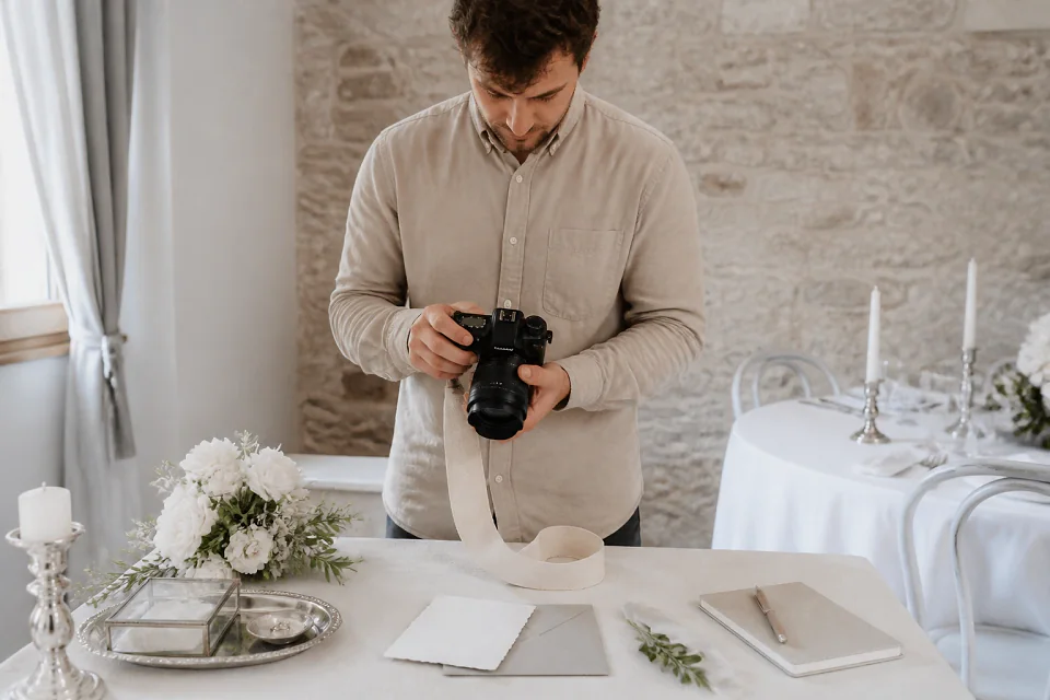 Appareil photo et accessoires de reportage de mariage — illustration générée par IA