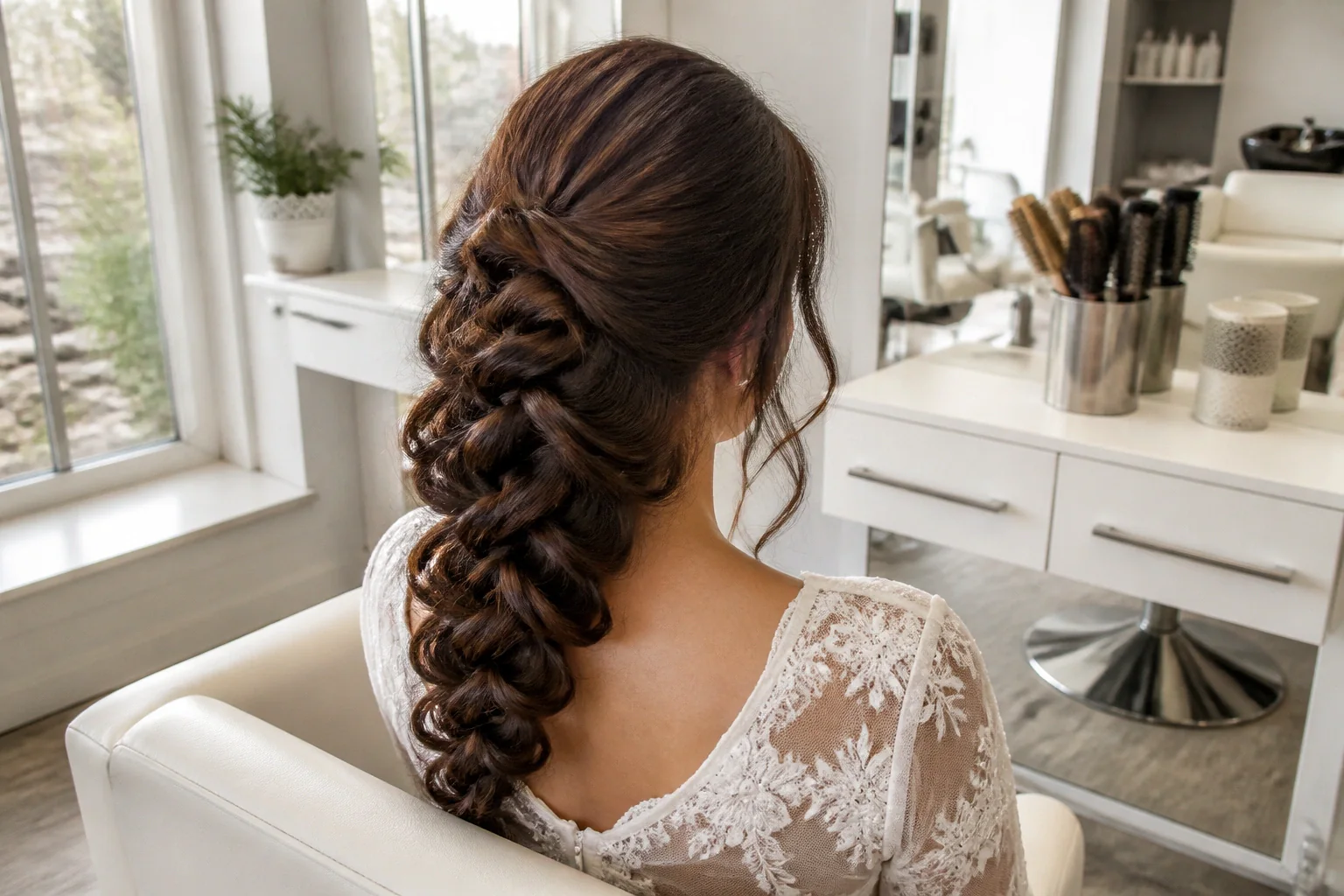 Coiffure de cérémonie vue pendant la préparation — illustration générée par IA