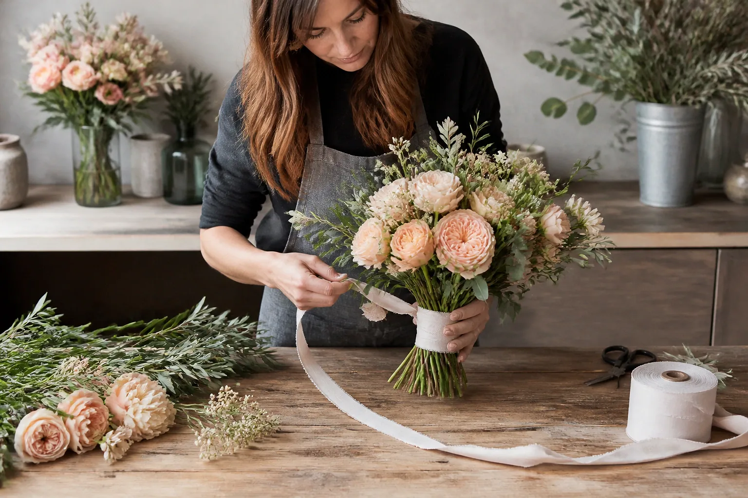 Préparation florale pour un mariage — illustration générée par IA