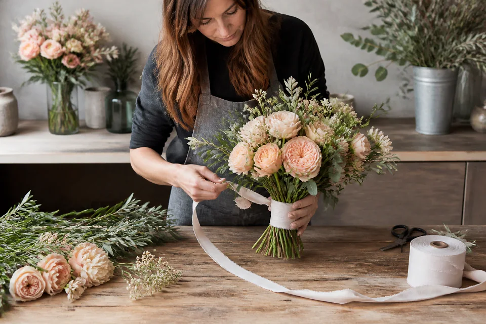 Préparation florale pour un mariage — illustration générée par IA