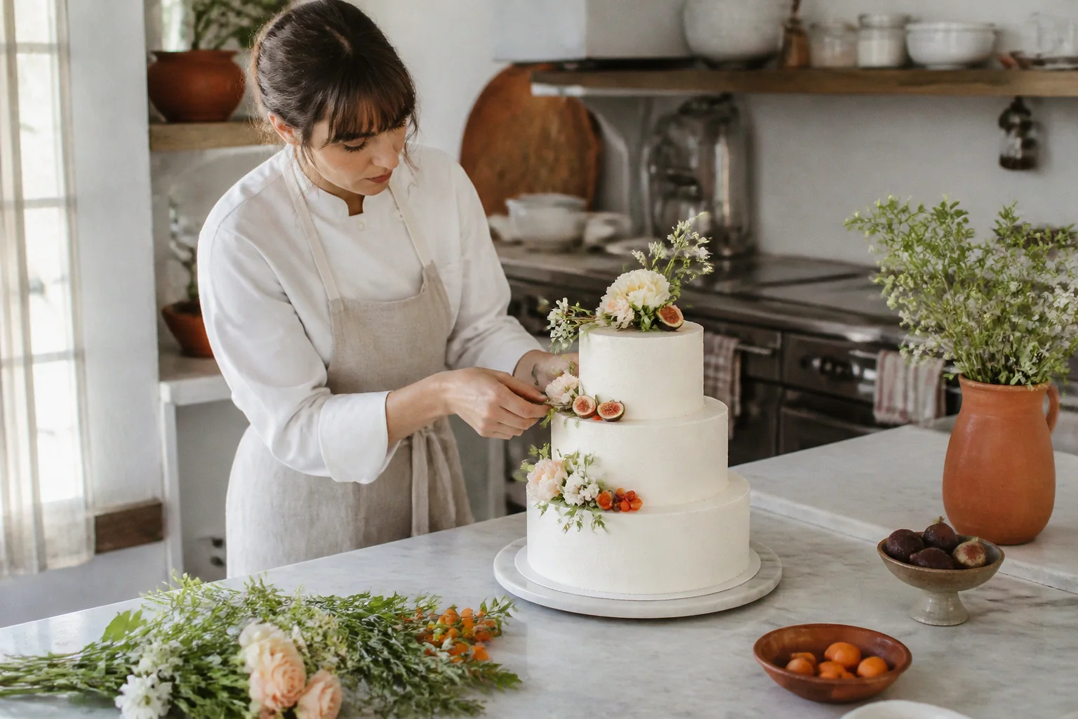 Gâteau de mariage préparé dans un atelier — illustration générée par IA