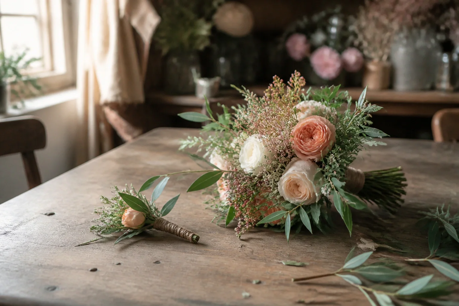 Préparation florale pour un mariage — illustration générée par IA