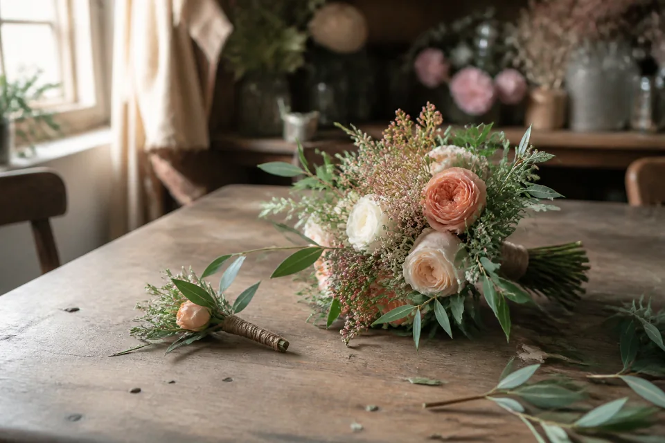 Préparation florale pour un mariage — illustration générée par IA