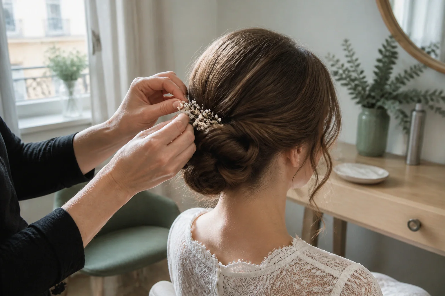 Coiffure de cérémonie vue pendant la préparation — illustration générée par IA