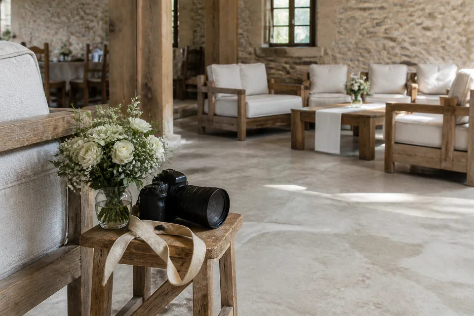Appareil photo et accessoires de reportage de mariage — illustration générée par IA