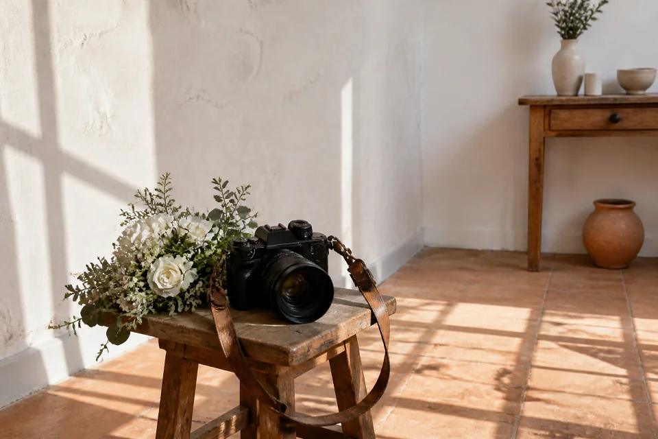 Appareil photo et accessoires de reportage de mariage — illustration générée par IA