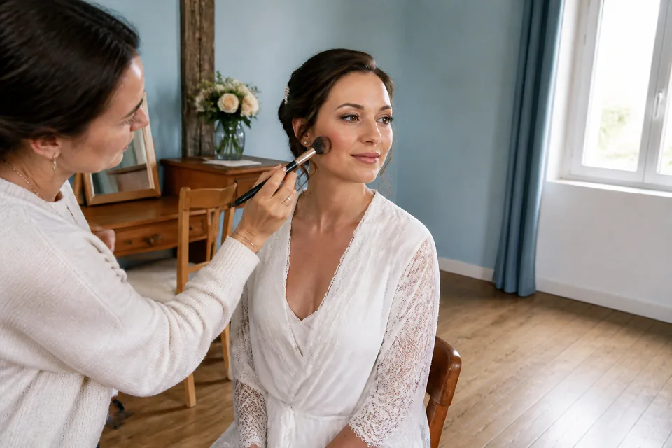 Préparation d’un maquillage de mariage — illustration générée par IA