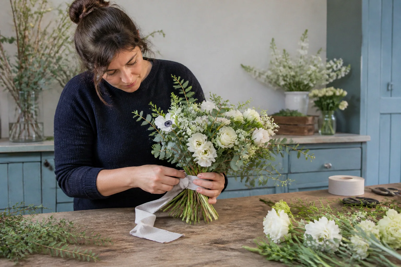 Préparation florale pour un mariage — illustration générée par IA